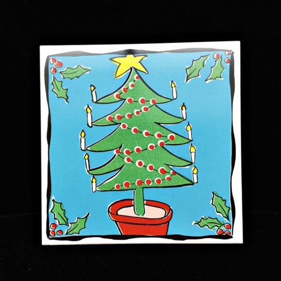 4 Christmas Tiles Set Reindeer Gifts Sleigh Xmas Tree Ceramic Cork Back Portugal - Picture 2 of 7